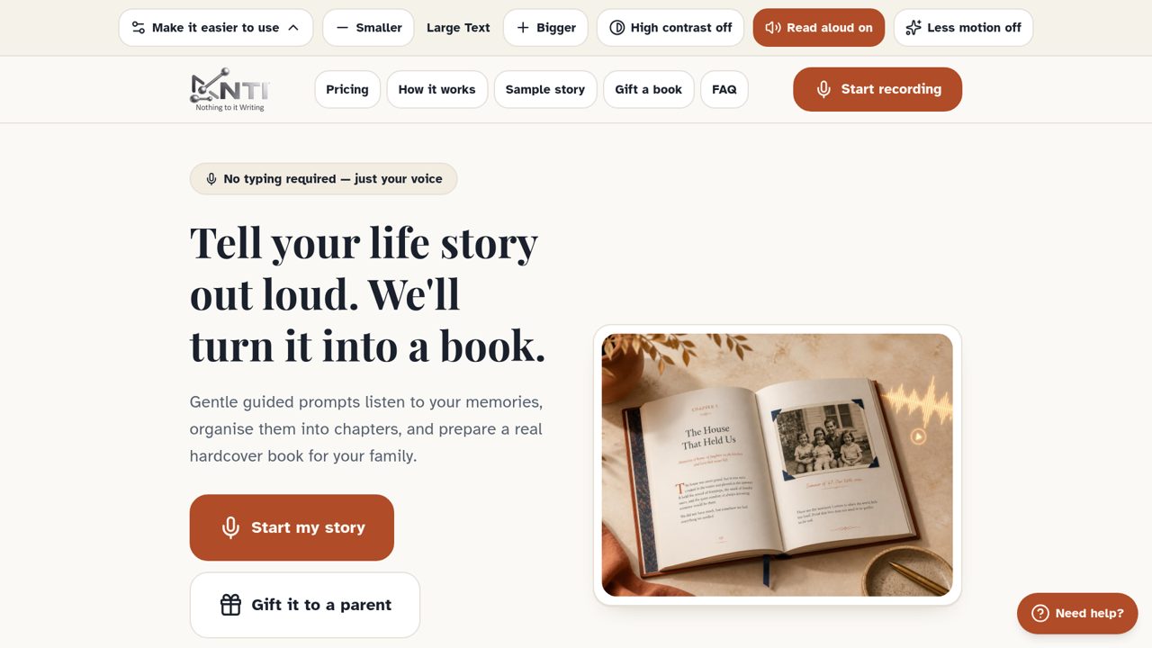 NTI Writing interface — NTI Writing memoir capture experience