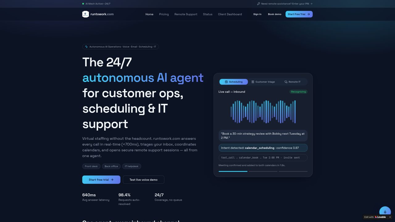 RunToWork interface — RunToWork on-demand service dispatch experience